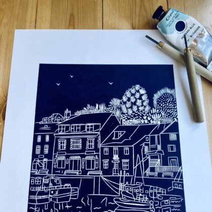 Detail padstow navy linocut print