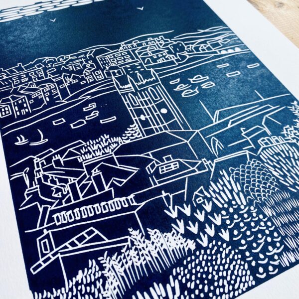 Detail st ives navy lino cut print