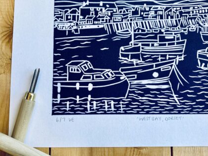 Detail west bay dorset linocut print carving tools