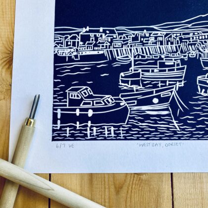 Detail west bay dorset linocut print carving tools