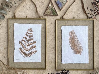 Fern pine linocut prints copper brass rimmed frames