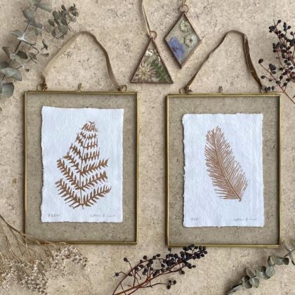 Fern pine linocut prints copper brass rimmed frames