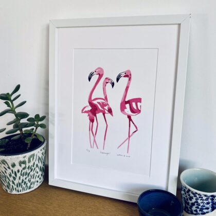 Flamingoes lino cut print framed