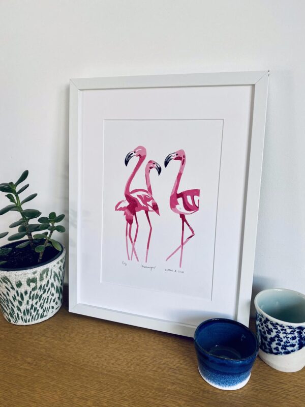Flamingoes lino cut print framed