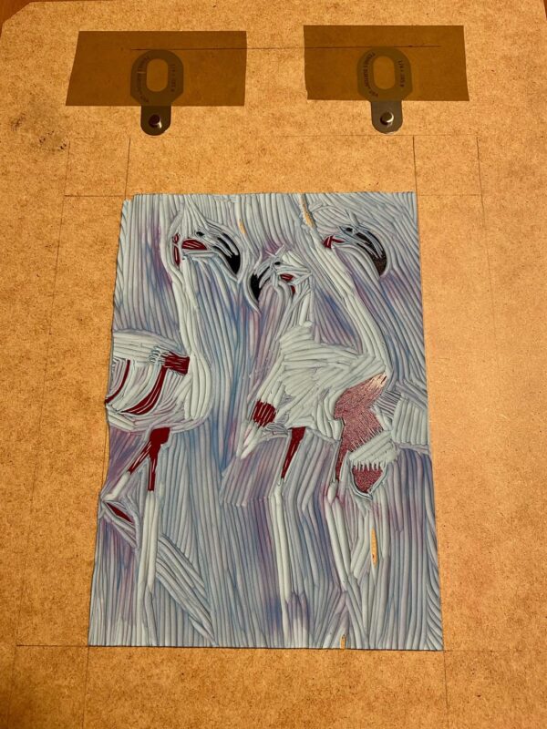 Flamingos carved block final layers