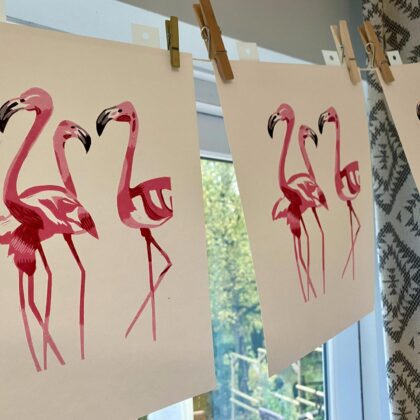 Flamingos drying linocut prints