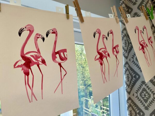 Flamingos drying linocut prints