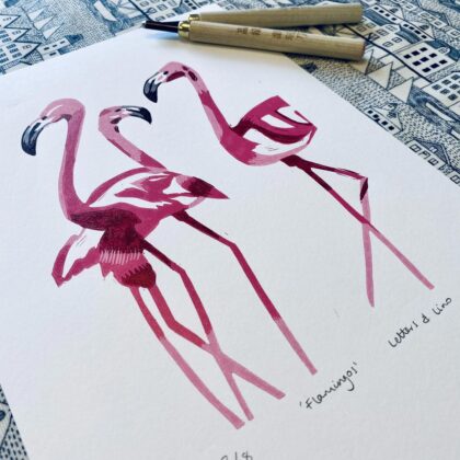 Flamingos lino cut print carving tools