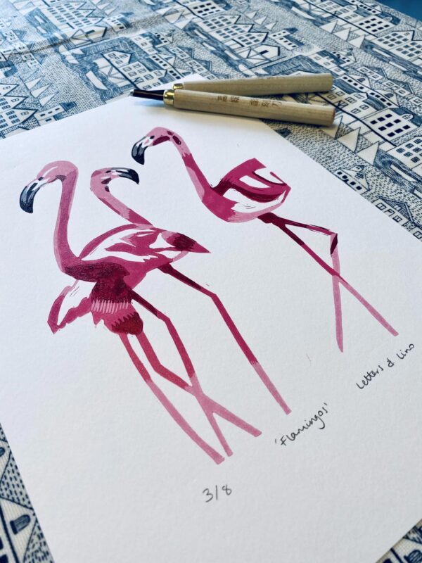 Flamingos lino cut print carving tools
