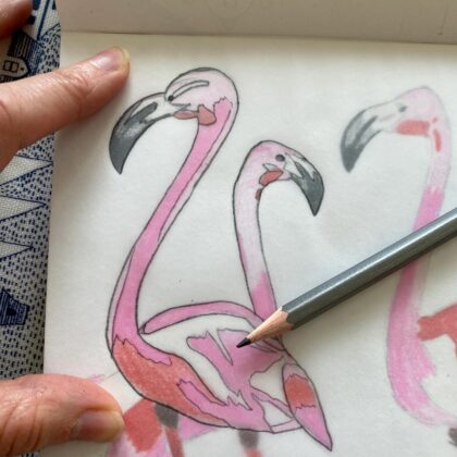 Flamingos lino print close up image design
