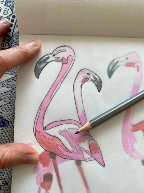Flamingos lino print close up image design