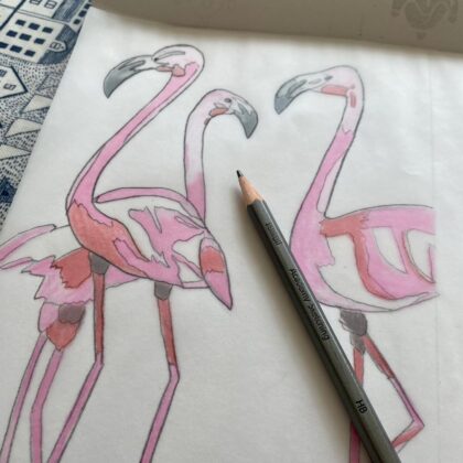 Flamingos lino print image transfer