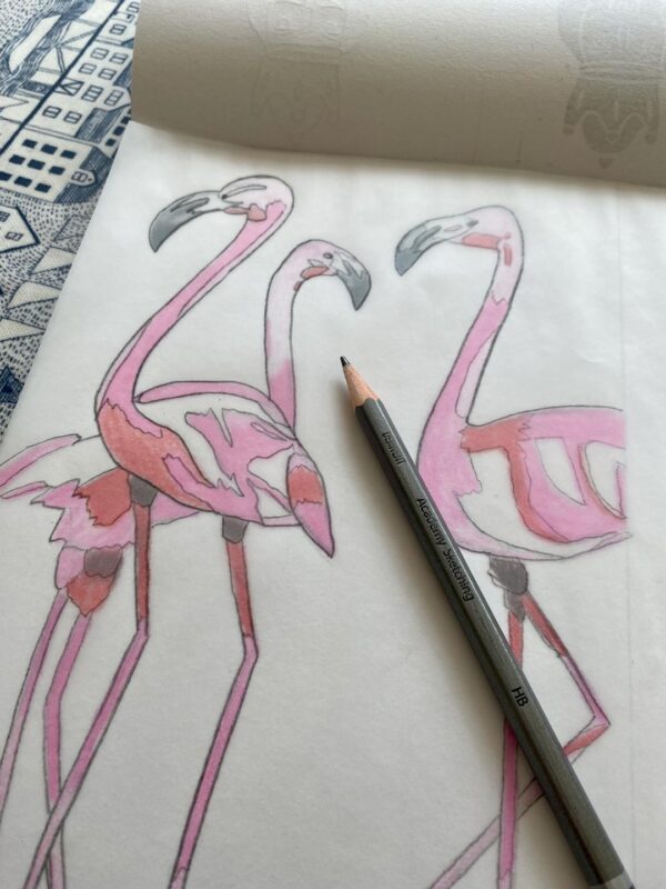 Flamingos lino print image transfer