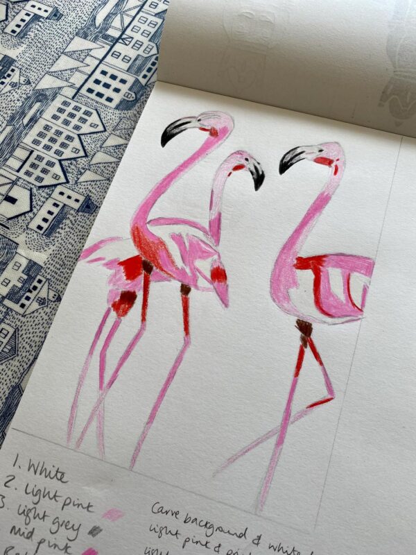 Flamingos linocut print colour layers