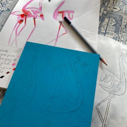 Flamingos linoprint work in progress