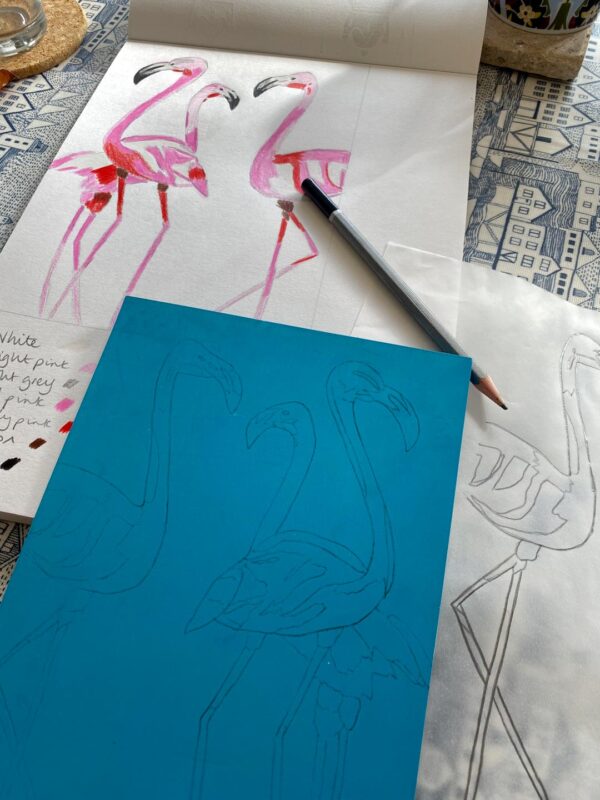 Flamingos linoprint work in progress