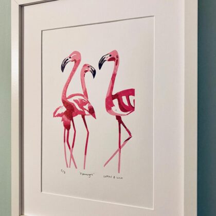Flamingos reduction lino cut print white frame