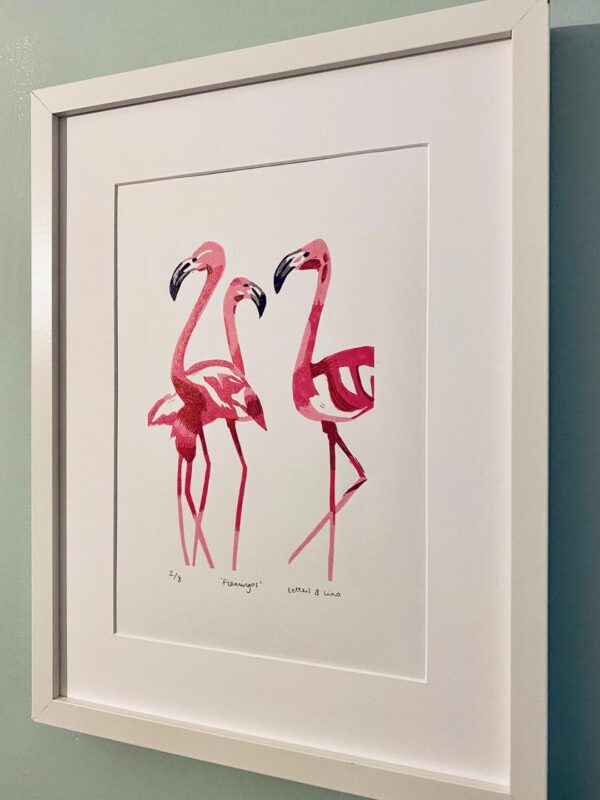 Flamingos reduction lino cut print white frame