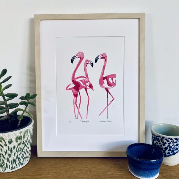 Flamingos reduction linocut beech frame display