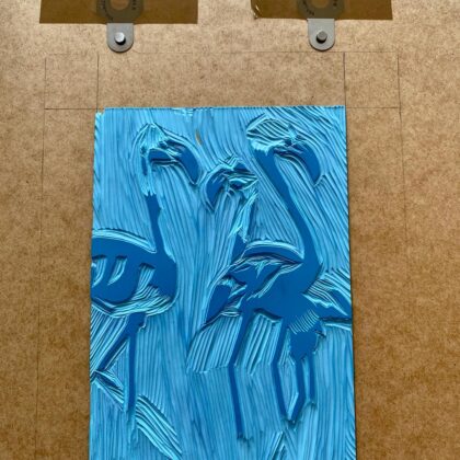 Flamingos reduction linocut carved block progress