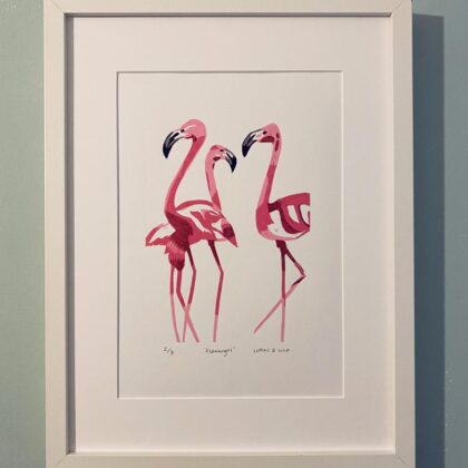 Flamingos reduction linocut print framed hanging