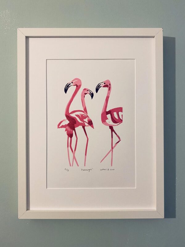 Flamingos reduction linocut print framed hanging
