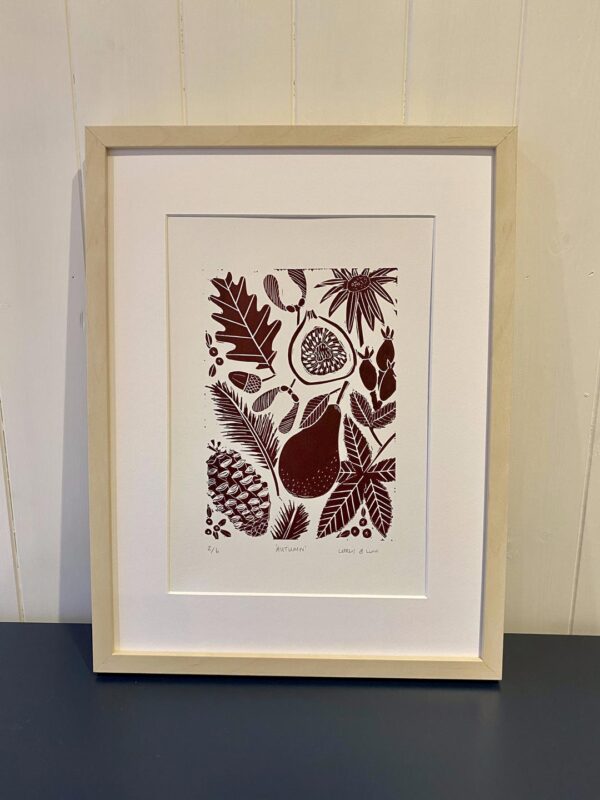 Framed autumn linocut print