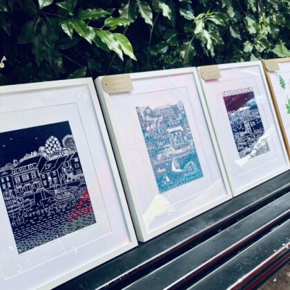 Framed coastal series lino cut prints