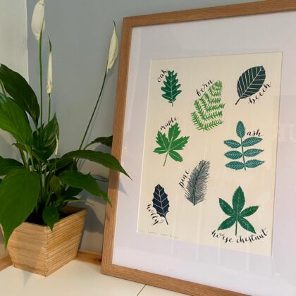 Framed large leaves lino cut print