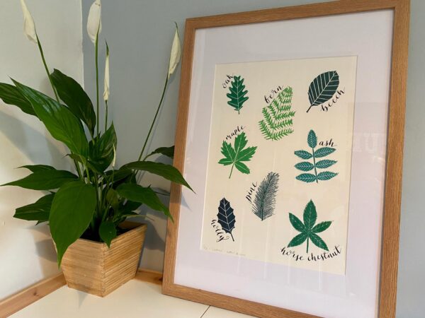 Framed large leaves lino cut print