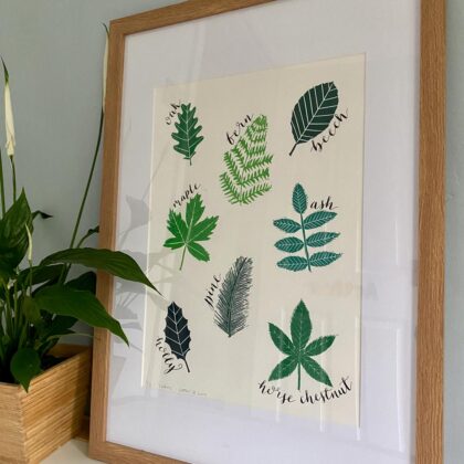 Framed large leaves linocut print