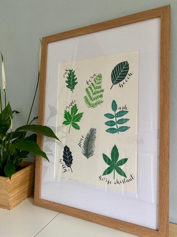Framed large leaves linocut print