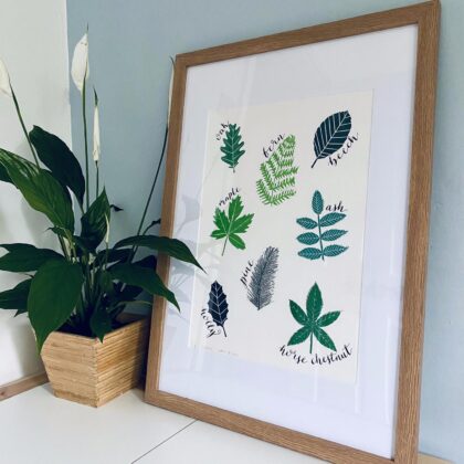 Framed large leaves linocut print botanical