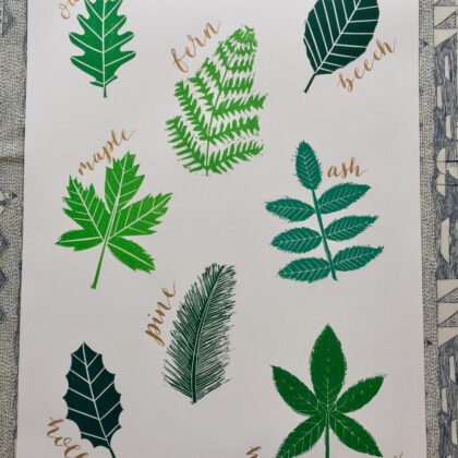 Gold calligraphy large leaves linocut print