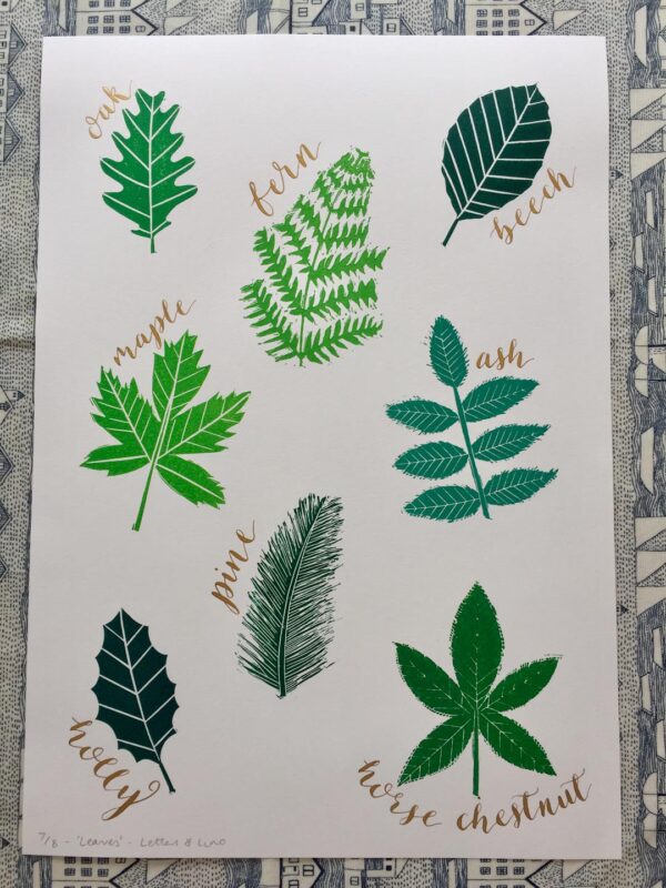 Gold calligraphy large leaves linocut print