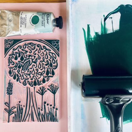 Green partridge in a pear tree inked block Green partridge in a pear tree inked block