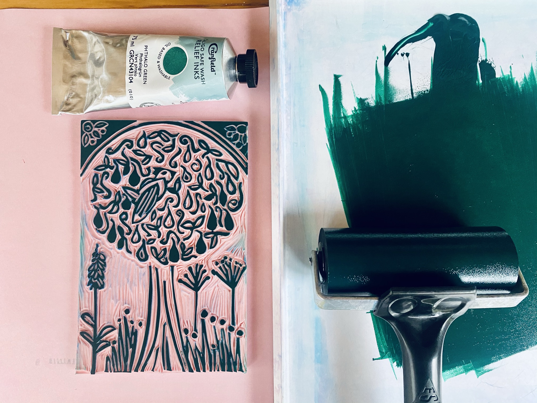 Green partridge in a pear tree inked block Green partridge in a pear tree inked block