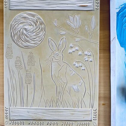 Hare in spring carved block ready to print