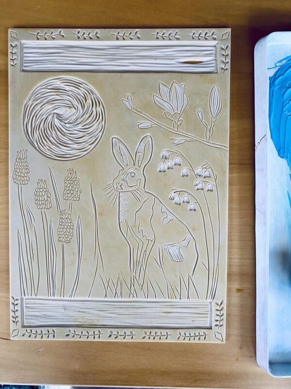 Hare in spring carved block ready to print