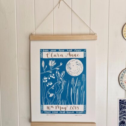 Hare in spring framed linocut print personalised calligraphy
