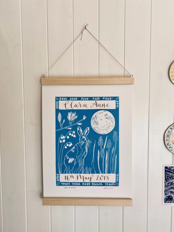Hare in spring framed linocut print personalised calligraphy