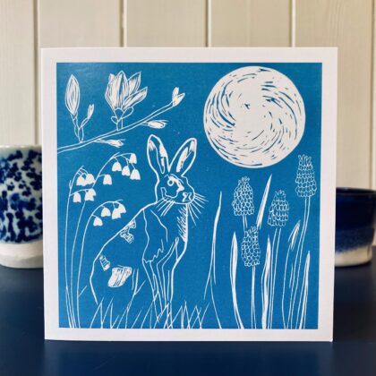 Hare in spring greetings card blue