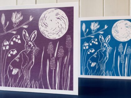 Hare in spring greetings cards blue pink