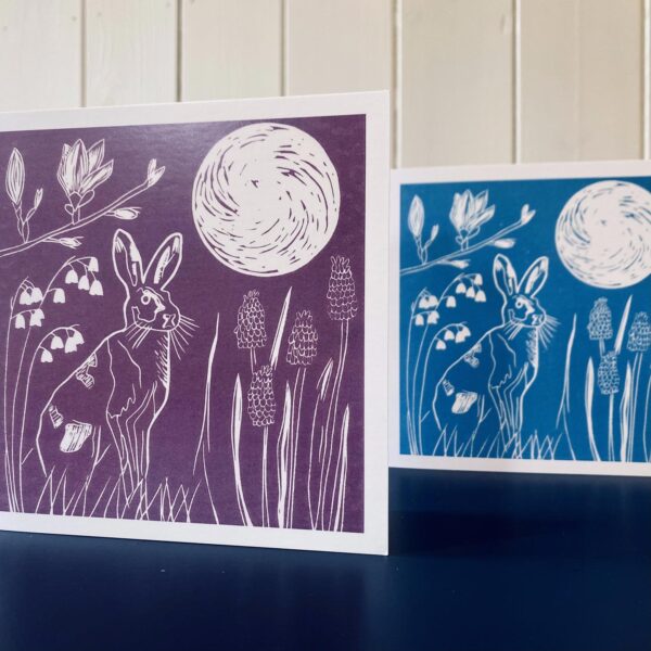 Hare in spring greetings cards blue pink