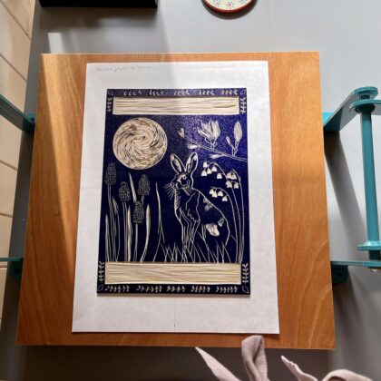 Hare in spring inked block prussian blue