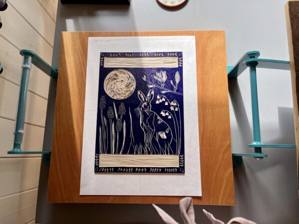 Hare in spring inked block prussian blue