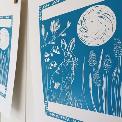Hare in spring lino cut print drying