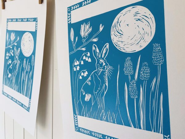 Hare in spring lino cut print drying