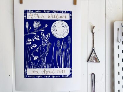 Hare in spring personalised linocut print calligraphy deep blue