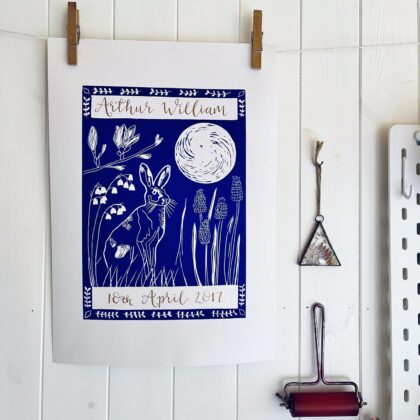 Hare in spring personalised linocut print calligraphy deep blue